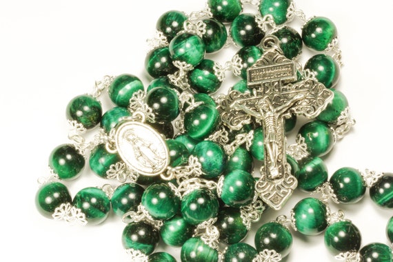 10mm Green Tiger's Eye Rosary in Silver with a Pardon Crucifix handmade in Oklahoma