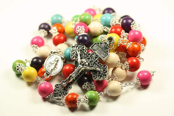 Large 10mm Nonfaceted (Smooth) Candy Howlite Stone Rosary in Silver made in Oklahoma -