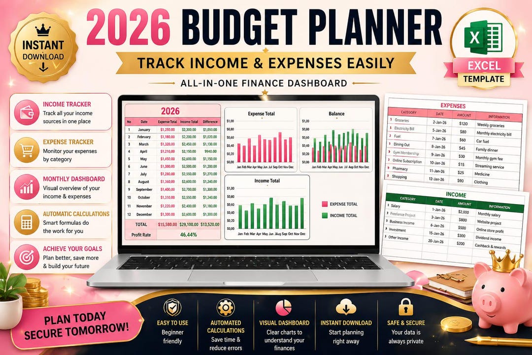 2026 Budget Planner Excel, Track Income & Expenses, Finance Dashboard