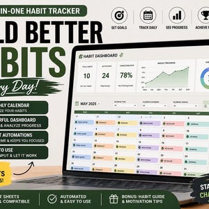 Puede incluir: Pantalla de portátil que muestra un rastreador de hábitos digital con un calendario, gráficos de progreso y desglose de hábitos. El texto incluye "Build Better Habits Every Day!" y "Smart Automated Dashboard."