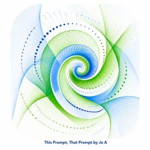 Peut inclure: Impression numérique abstraite avec un motif en spirale dans des tons de bleu et de vert. L'œuvre d'art comprend des lignes pointillées et courbes, créant une sensation de mouvement. Le texte "This Prompt, That Prompt by Jo A" est en bas.