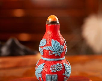Double-Layer Liuli Overlay Carved Gourd Snuff Bottle, Red Blue Glass Butterfly Miniature Art Collectible