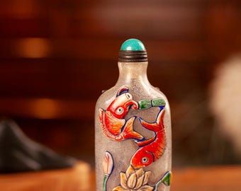 Hand Carved Liuli Snuff Bottle, Hand Painted Koi Lotus Motif, Oriental Art Object