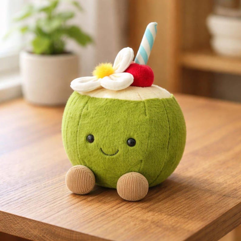 Op de afbeelding: Een groene pluche kokosnoot speelgoed met een lachend gezicht, zwarte ogen en twee kleine bruine voetjes. Het is versierd met een witte bloem, een rode kers, een gele pompon en een blauw-wit gestreept rietje. Het speelgoed staat op een houten oppervlak.