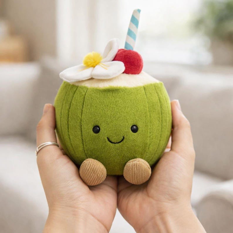Op de afbeelding: Een groene pluche kokosnoot-speelgoed met een lachend gezicht, kleine bruine voetjes en een decoratieve bovenkant. De bovenkant heeft een witte bloem, een rode kers, een gele pompon en een blauw-wit gestreept rietje. Het speelgoed wordt in twee handen gehouden.