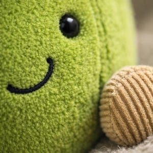 Op de afbeelding: Close-up van een knuffel met een lachend gezicht. Het speelgoed is voornamelijk lichtgroen met een getextureerd oppervlak. Het heeft een zwart oog en een zwart gestikt lachje. Een klein, bruin, geribbeld detail is zichtbaar.