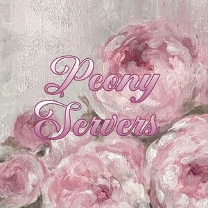 May include: An artistic image of pink peonies with the text "Peony Servers" in a cursive font. The flowers are painted in a soft, impressionistic style, with varying shades of pink and white against a textured, light gray background.