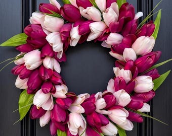 Ghirlanda di tulipani per porta d'ingresso in fucsia e rosa cipria, fiori artificiali, decorazione floreale densa per portico, senza fiocco, 45 cm x 45 cm