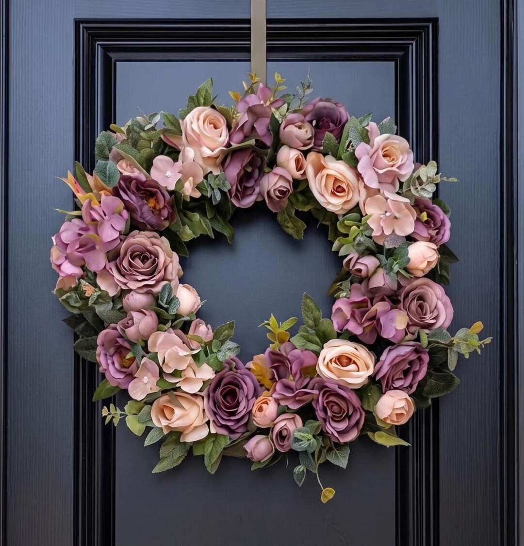 Floral Door Wreath With Dusky Pink and Purple Roses for Front Door ...