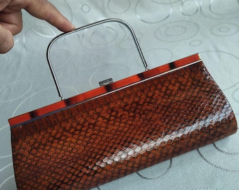 Vintage Brown Embossed Python Leather Clutch Bag with Handle