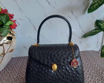 Vintage JRA Japanese Ostrich Leather Top Handle Bag - Classic Black
