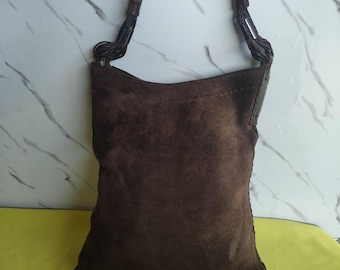 Bolso hobo de ante marrón, ribete de cocodrilo, piel italiana hecha a mano, edición limitada.