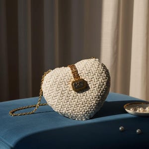 May include: A heart-shaped off-white woven handbag featuring a gold-tone chain strap and a central gold-tone rectangular clasp with a metallic logo. The text 12 Spring / Summer Collection is printed in the bottom left corner of the image.