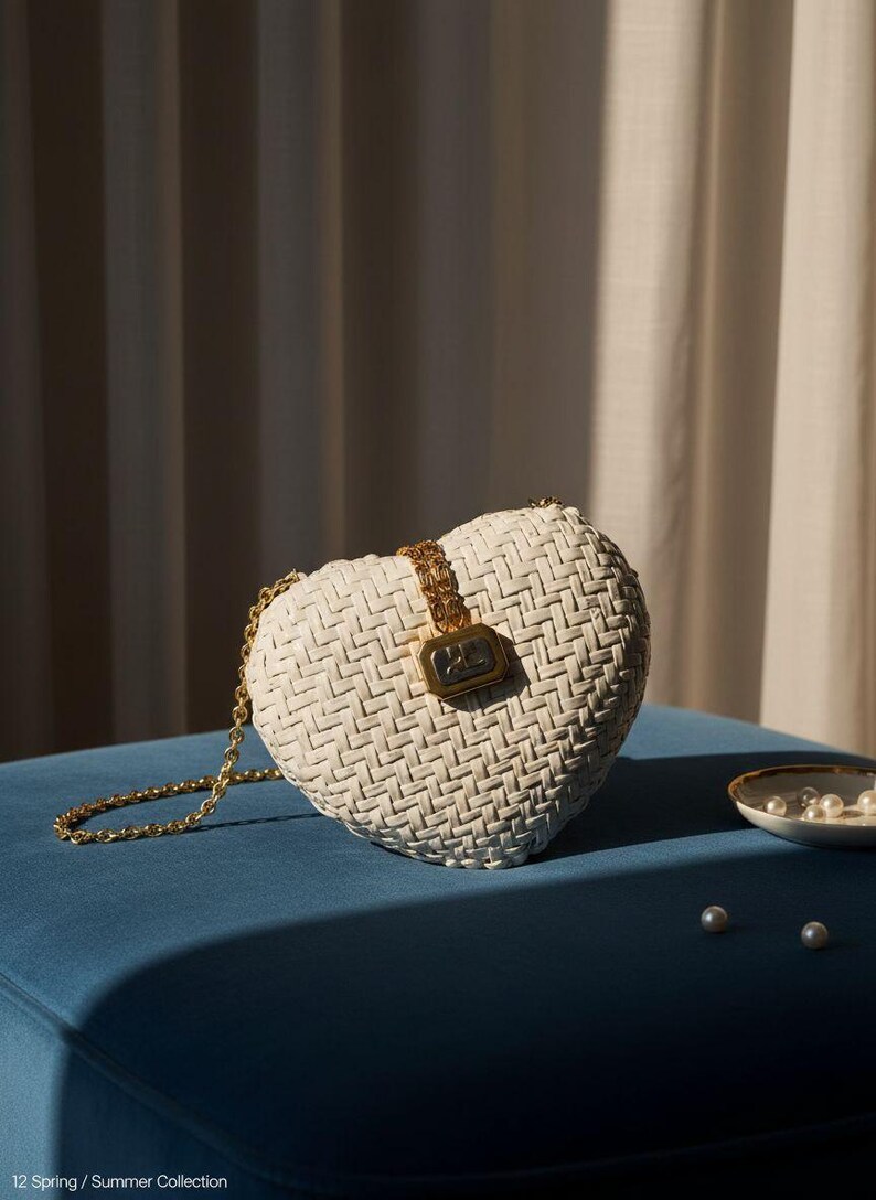 May include: A heart-shaped off-white woven handbag featuring a gold-tone chain strap and a central gold-tone rectangular clasp with a metallic logo. The text 12 Spring / Summer Collection is printed in the bottom left corner of the image.
