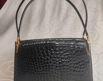 Vintage 1970s Zagliani Handbag- Black Crocodile Embossed Leather- made in Italy