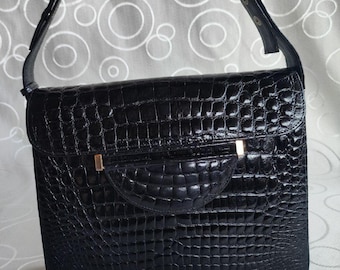 Black Crocodile Embossed Leather Top-Handle Bag