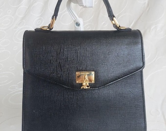 Authentic Vintage Courrèges Paris Black Textured Leather Top-Handle Handbag