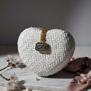 Vintage Courrèges Paris Woven Hard Case Clutch Bag White Basketweave Minaudière, Gold Chain Shoulder Strap, Space Age 1980s Luxury Fashion image 4