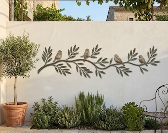 Art mural en métal branche d'oiseau, décoration murale oiseau rustique, décoration murale en métal nature botanique, cadeau déco murale jardin extérieur