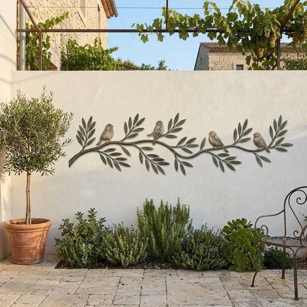 Vogel-Zweig-Metallwand-Kunst, rustikaler Vogel-Wand-Dekor, botanische Natur-Metallwandbehang, Garten-Wand-Dekorgeschenk im Freien