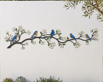 Bluebird Metal Wall Art, Spring Blossom Bird Wall Decor, Botanical Branch Metal Hanging, Nature Home Decor Gift Sign