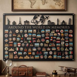 Könnte beinhalten: Schwarzes Metall-Wandbild mit dem Schriftzug "AROUND THE WORLD IN MEMORIES" und Miniatur-Landmarken-Pins. Enthält den Eiffelturm, die Freiheitsstatue, Big Ben und andere ikonische Bauwerke. Im Hintergrund befindet sich eine Weltkarte.