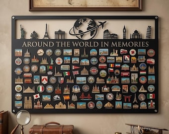 Decorazione da parete in metallo a tema viaggi, bacheca dei ricordi "Giro del mondo", idea regalo per chi ama l'avventura e l'arredamento.