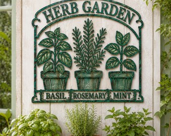 Art mural en métal jardin d'herbes aromatiques, enseigne basilic romarin menthe, décoration de jardin potager, décoration murale botanique, cadeau de jardinier