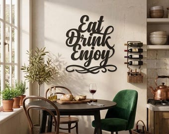 Mangez, buvez, amusez-vous avec une oeuvre d'art murale en métal, citation de cuisine en métal, décoration de salle à manger de ferme, cadeau de pendaison de crémaillère pour les amateurs de cuisine
