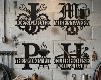 Décoration murale personnalisée en métal monogramme homme des cavernes, enseigne personnalisée 3 pièces garage taverne barbecue piscine