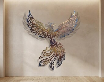 Art mural en métal Phoenix, décoration d'oiseau mythique, décoration murale bohème, art mural en métal moderne, cadeau pour la maison inspiré de la nature