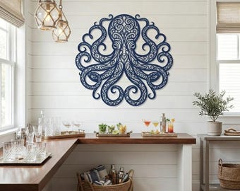 Art mural en métal pieuvre, décoration pieuvre côtière, décoration murale maison de plage, art métallique nautique, cadeau pour amoureux de l'océan