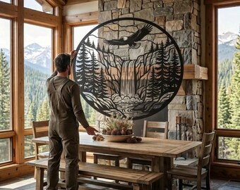Art mural en métal cascade aigle, décoration faune montagne, art mural chalet rustique, décoration en métal abri forestier, cadeau nature