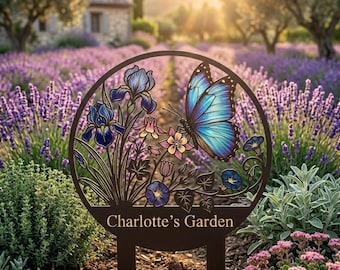 Plaque nominative en métal personnalisée pour jardin de papillons, décoration de jardin personnalisée, art mural extérieur floral, idée cadeau