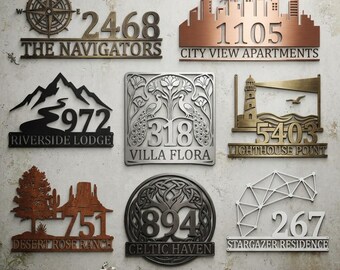 Personalized Address Metal Sign, Custom House Number Sign, Family Name Plaque, Modern Outdoor Address Sign, Housewarming Gift