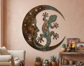 Art mural en métal gecko du sud-ouest, décoration murale lune du désert, enseigne en métal lézard rustique, décoration murale extérieure bohème