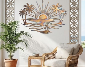 Art mural en métal coucher de soleil tropical, décoration murale palmier côtier, enseigne en métal lever de soleil sur la plage, cadeau à accrocher au mur pour la maison de l'île