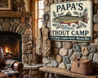 Papa's Trout Camp Metal Wall Art, Vintage Fly Fishing Cabin Sign, Lake House Fishing Decor, Grandpa Gift for Fisherman