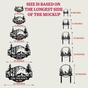 Pu&ograve; includere: Segni metallici con un design di lupo e foresta, disponibili in varie dimensioni da 20 a 81 cm. I segni presentano il testo "THE WILSON'S EST. 2026" o "WOLF MOON CABIN".