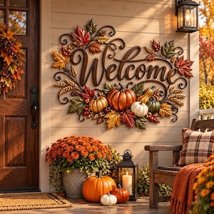 Puede incluir: Un letrero de metal montado en la pared con la palabra Welcome en letra cursiva, rodeado de hojas de otoño decorativas y calabazas. El letrero se exhibe en una pared clara junto a una puerta de madera, una planta en maceta y un farol.