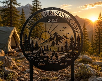 Enseigne de camping personnalisée en métal, enseigne de camp de montagne personnalisée, décoration de jardin de camping familial, cadeau d'aventure en plein air pour campeurs