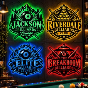 Personalized Billiards LED Metal Sign, Custom Pool Room Wall Art, 8 Ball Decor, Billiard Lounge Sign, Man Cave Gift