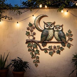 Pu&ograve; includere: Un'opera d'arte da parete in metallo raffigurante due gufi appollaiati su un ramo, sullo sfondo di una luna crescente. I gufi sono dettagliati con sfumature di verde e marrone. La scena &egrave; illuminata da luci a stringa, creando un'atmosfera calda e accogliente.