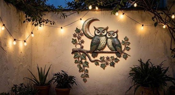 Owl Metal Wall Art, Moon Garden Wall Decor, Rustic Outdoor Patio Sign, Night Owl Branch Art Gift for Bird Lovers
