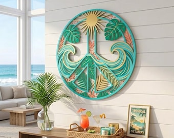 Tropical Peace Sign Metal Wall Art, Coastal Peace Wall Decor, Beach House Metal Sign, Boho Ocean Home Decor Gift