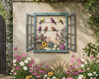 Può includere: Un oggetto decorativo da parete a forma di cornice di finestra aperta con bordo blu. All'interno, cinque uccelli colorati sono appollaiati su fili sottili sopra piante in vaso, girasoli e margherite, su una parete color beige chiaro.