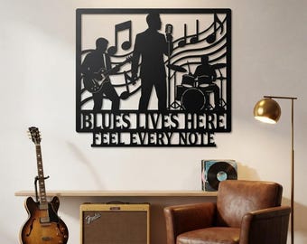 Art mural métal musique blues, décoration groupe de blues, enseigne en métal pour salon de musique, décoration murale guitare, cadeau pour mélomane