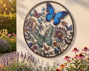 Art mural floral en métal papillon, décoration de jardin de papillons, décoration murale botanique, art mural pour patio extérieur, cadeau pour amoureux de la nature