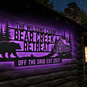 Personalized Bear Cabin LED Metal Sign, Custom Family Cabin Decor, Bear Creek Retreat Sign, Rustic Lodge Wall Art, Cabin Owner Gift