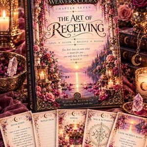 Peut inclure: Un livre relié intitulé The Weaver's Codex Chapter Seven The Art of Receiving avec une couverture illustrée de fleurs et d'un coucher de soleil. Cinq cartes rectangulaires sont disposées devant, présentant du texte et des illustrations.